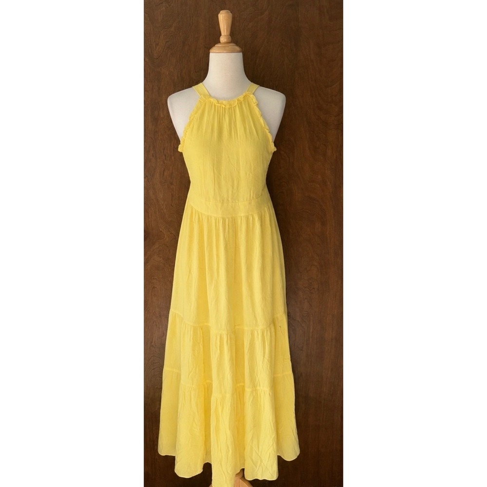 Alexia Admor Sz 12 Gauzy Lace Up Strappy Halter Yellow Maxi Dress Cottagecore